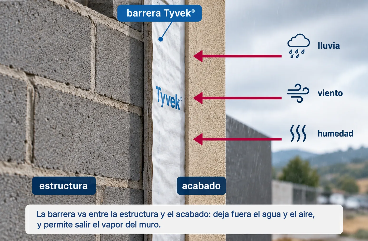 Corte de un muro: estructura de block, barrera Tyvek y acabado; la barrera detiene lluvia, viento y humedad