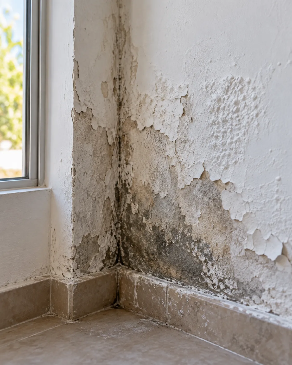 Muro interior con mancha de humedad y pintura desprendida